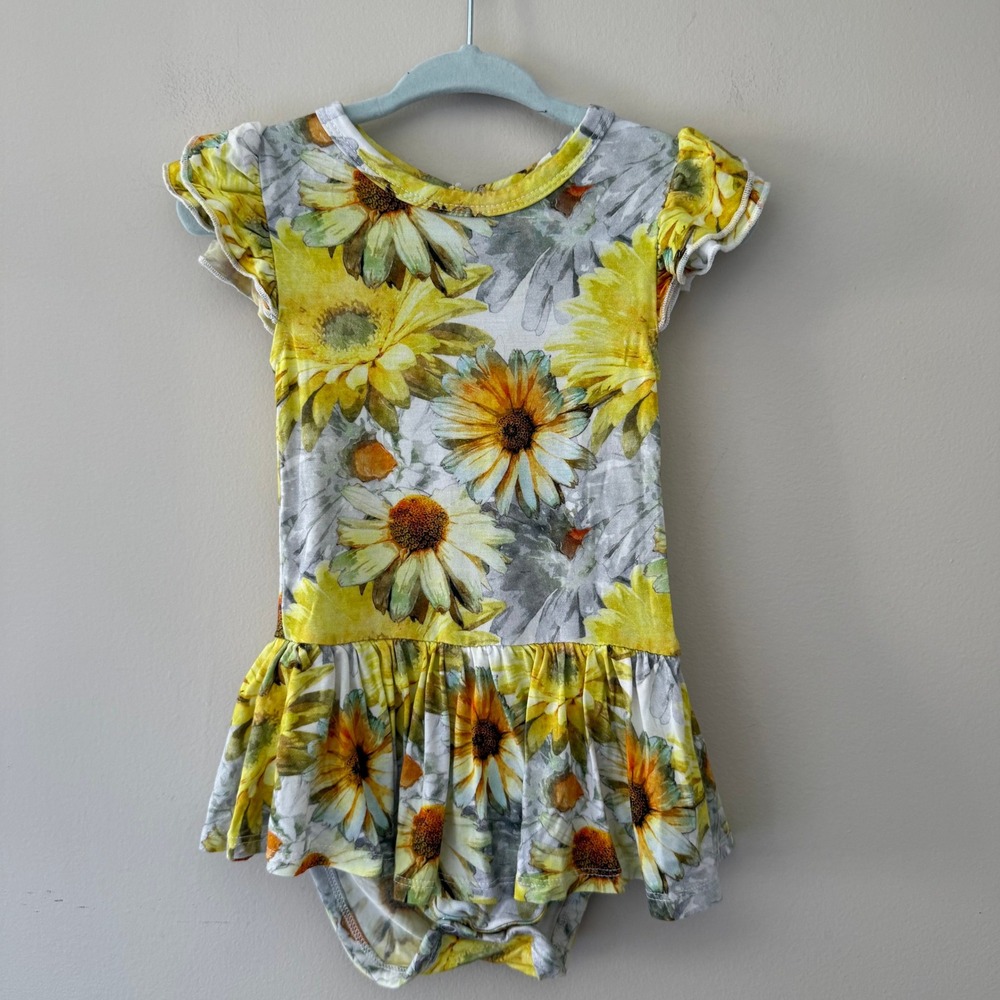 Little Bum Bums Yellow Sunflower Bamboo Peplum Romper 12-18 Months Ruffle Sleeve